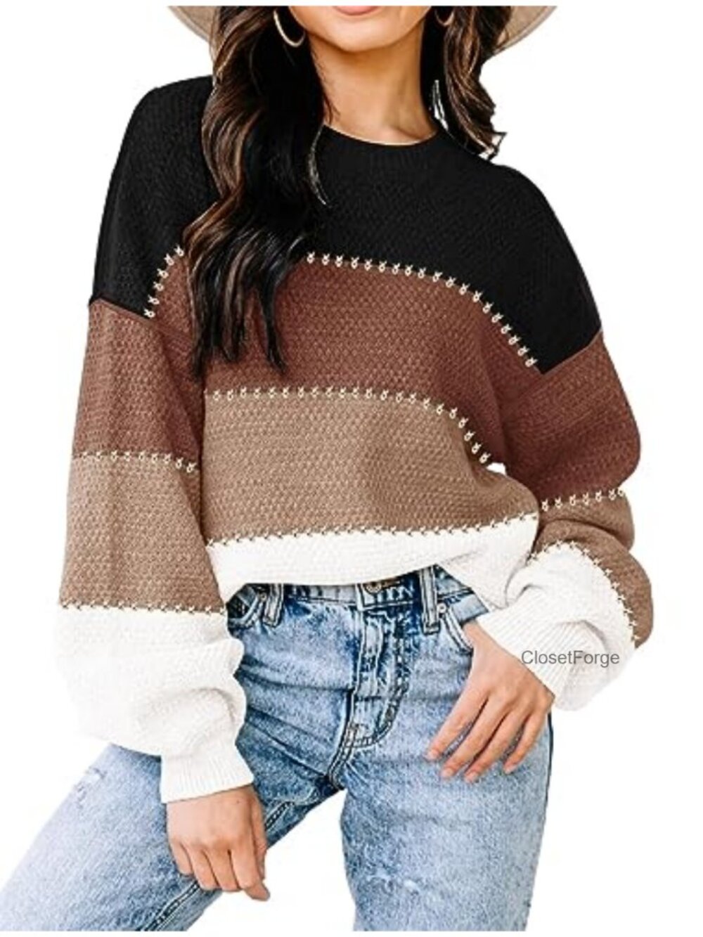 Oversized Pullover Sweater Color Block Batwing Sleeve Knit Tunic